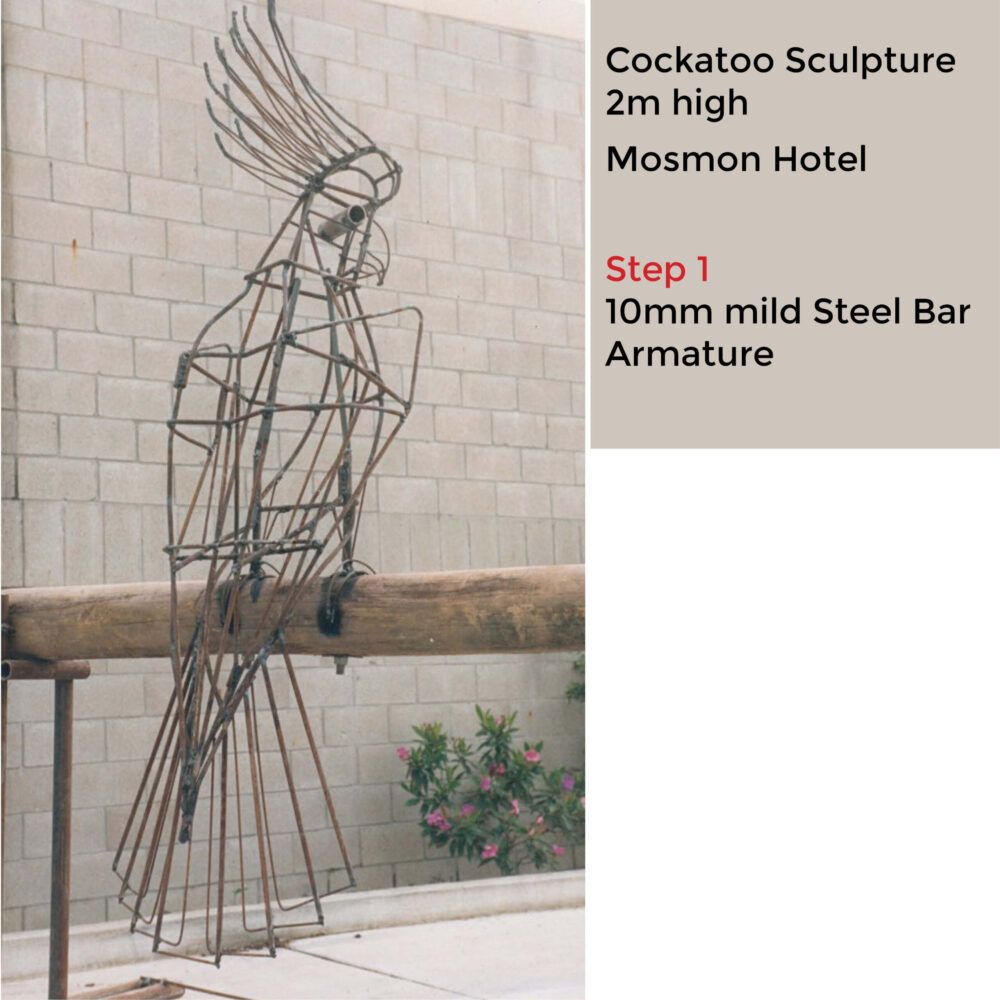 Cockatoo-Sulphur Crested 2m High Sculpture - Showing internal steel armature - crafted for Mosman Hotel