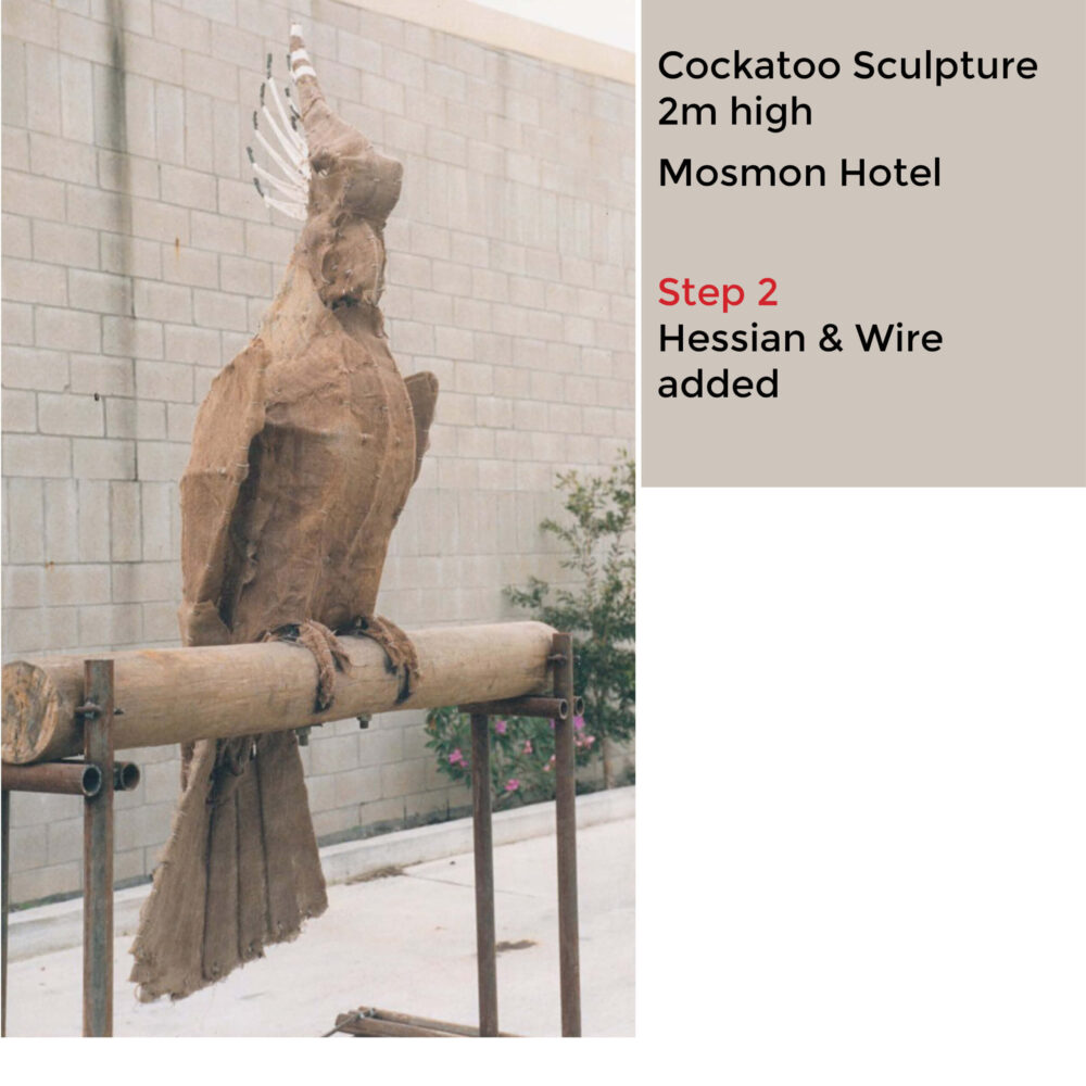 Cockatoo-Sulphur Crested 2m High Sculpture - Showing Hessian and wire attached over armature - crafted for Mosman Hotel