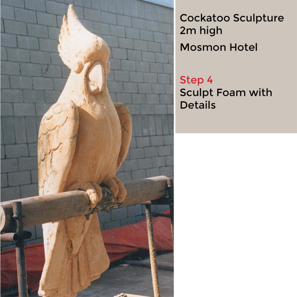 Cockatoo-Sulphur Crested 2m High Sculpture - Showing Sculpted foam detail - before painting crafted for Mosman Hotel