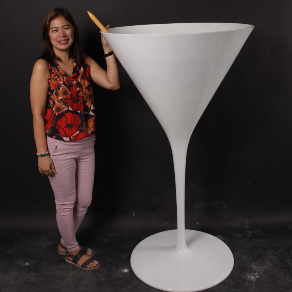 cocktail glass - 5ft - glossy white - window display visual merchanising prop - 170234- shown with lady