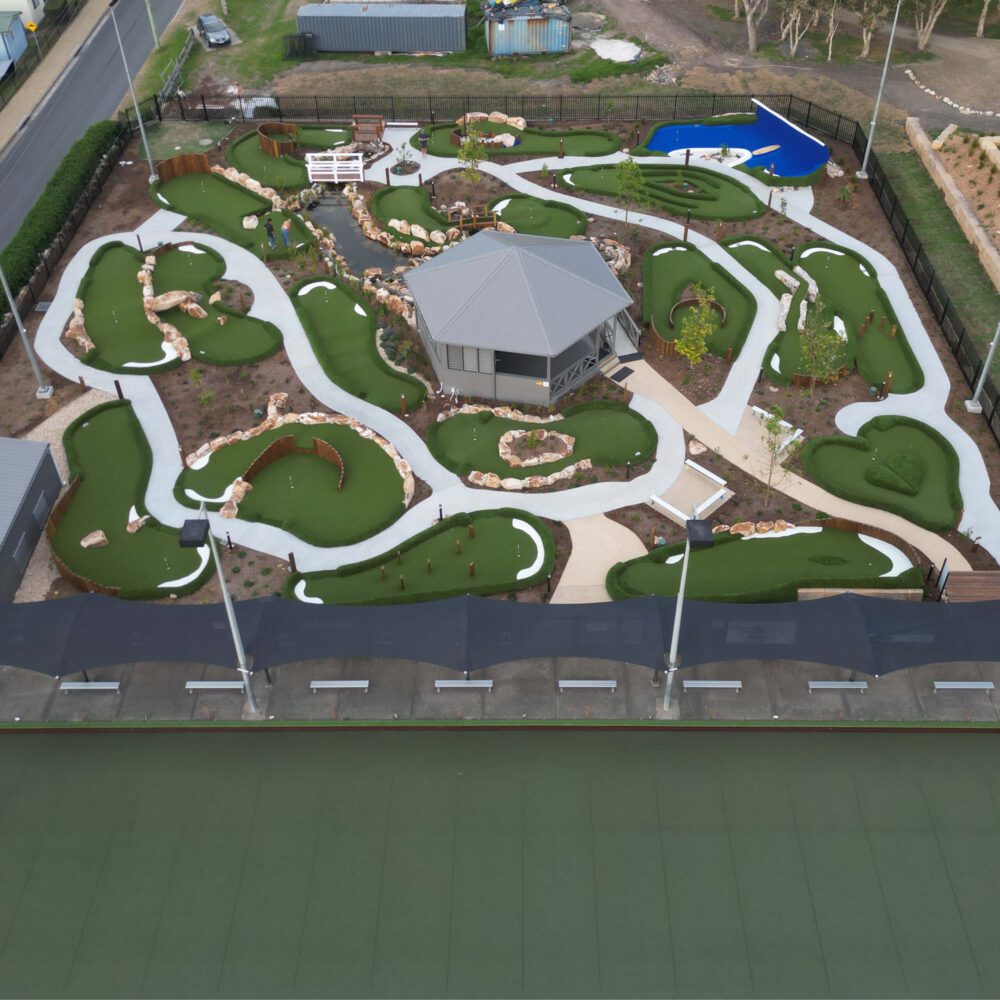 Natureworks Australia Crescent Head Mini-golf course - drone view- Natureworks Design & construct - whole course design- completed
