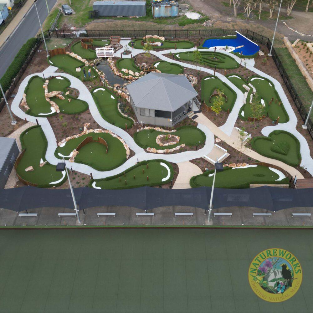 Natureworks Australia Crescent Head Mini-golf course - drone view- Natureworks Design & construct - whole course design- completed