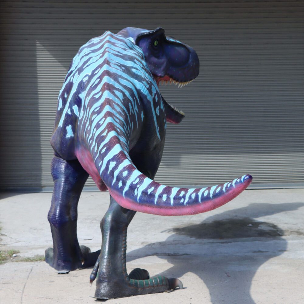 Natureworks Australia Tyrannosaurus Rex - T-Rex dinosaur walking - Large life-size replica with purple and pink accents. - 110073P&Pink - Rear view