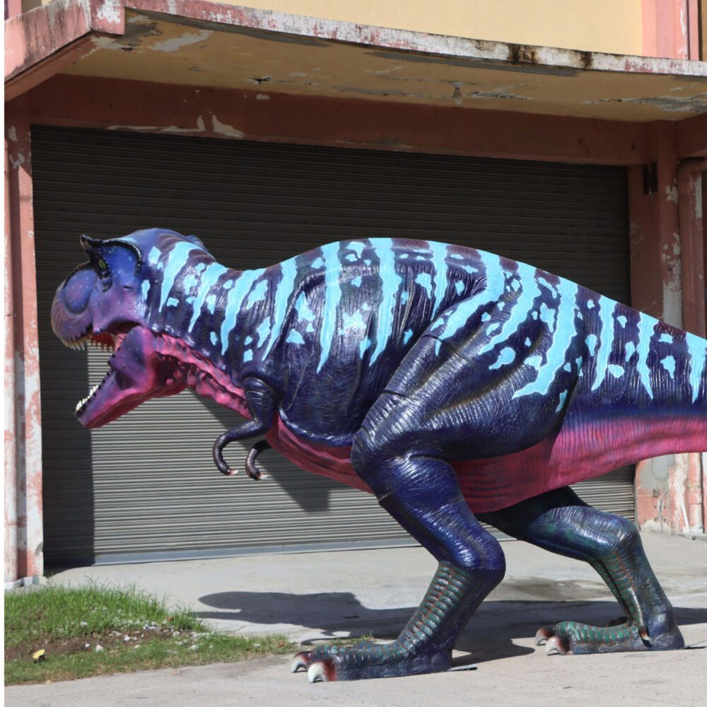 Natureworks Australia Tyrannosaurus Rex - T-Rex dinosaur walking - Large life-size replica with purple and pink accents. - 110073P&Pink - oppoisite side view