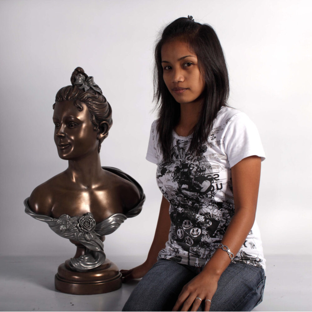 French rose bust Bronze aluminium finish - 080170-shown with lady for size comparison