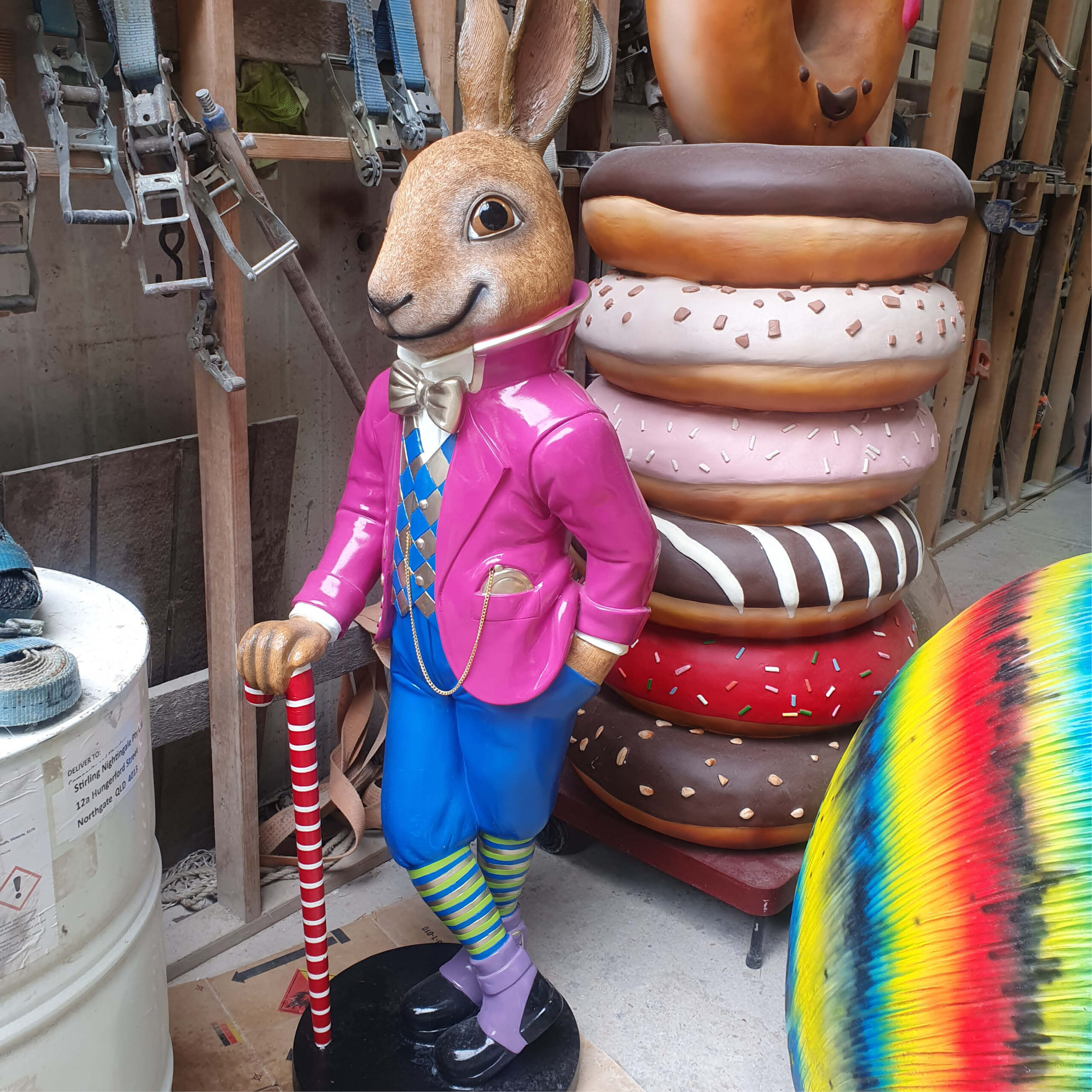 Natureworks Australia Jack the Rabbit - standing - 170150 in workshop- with donut in background