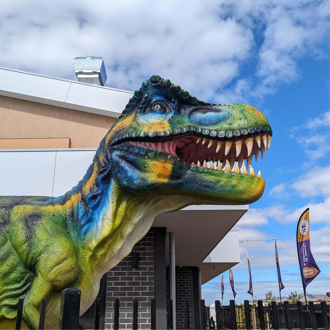 Natureworks Australia Natureworks Tyrannosaurus Rex dinosaur out the front of Childcare centre in Brisbane-side view of head-230154