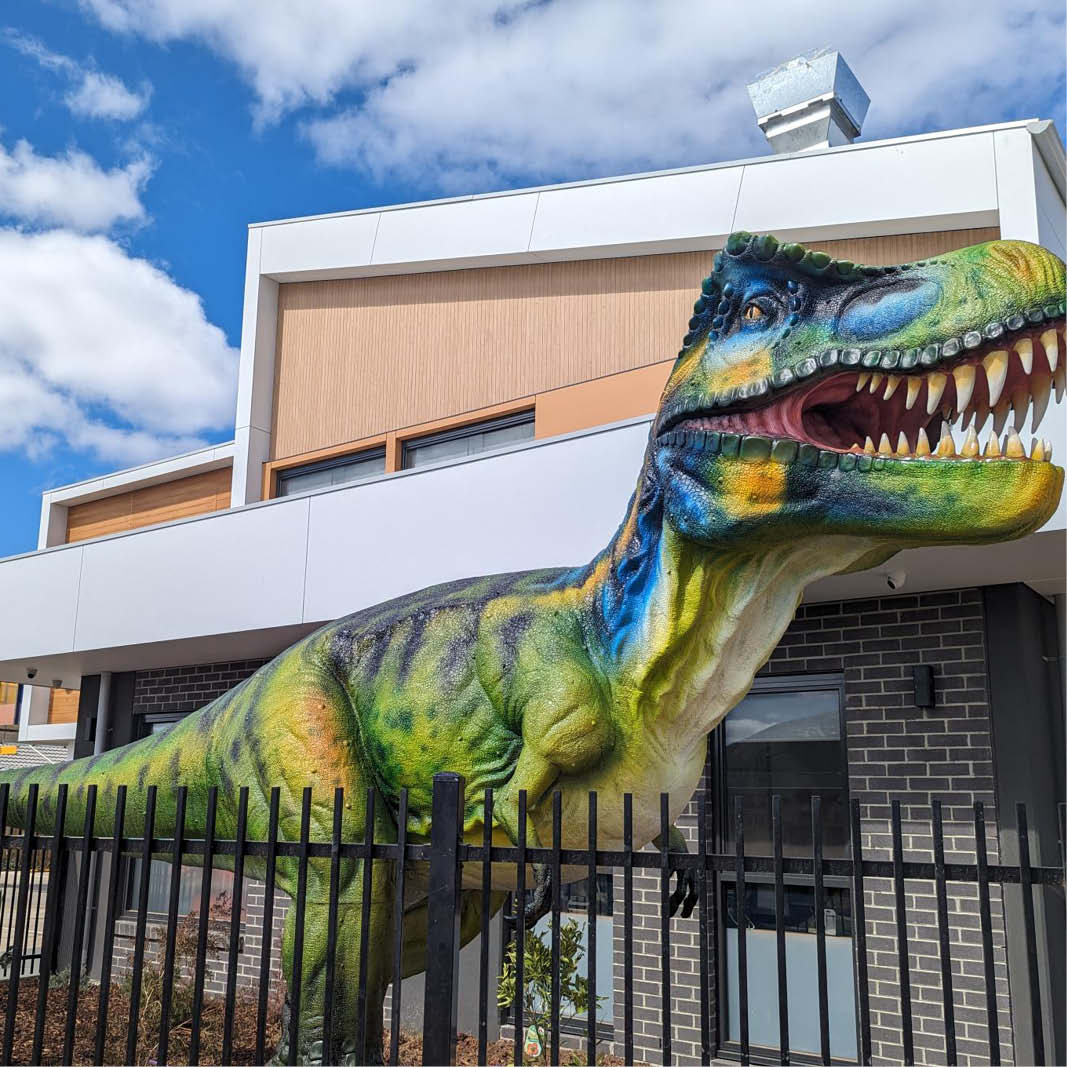 Natureworks Australia Natureworks Tyrannosaurus Rex dinosaur out the front of Childcare centre in Brisbane-side view-230154
