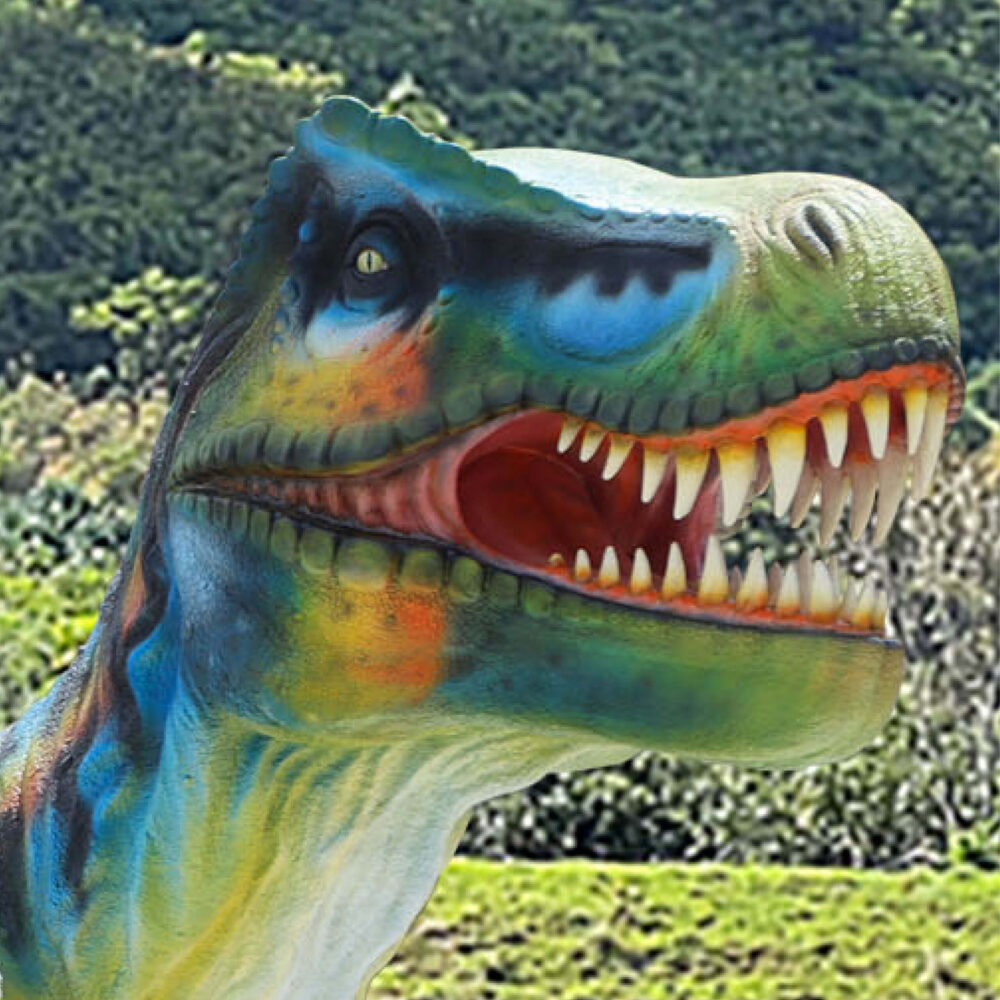 Tyrannosaurs Rex Sculpture - Giant 8.12m long x W2.6m wi x H 3.85m high - 640kg - SKU 230154 - shown outside in jurassic valley