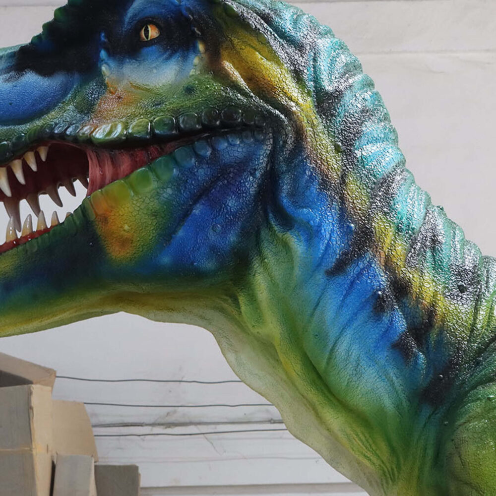 Tyrannosaurs Rex Sculpture - Giant 8.12m long x W2.6m wi x H 3.85m high - 640kg - SKU 230154 - showing close up of head and teeth