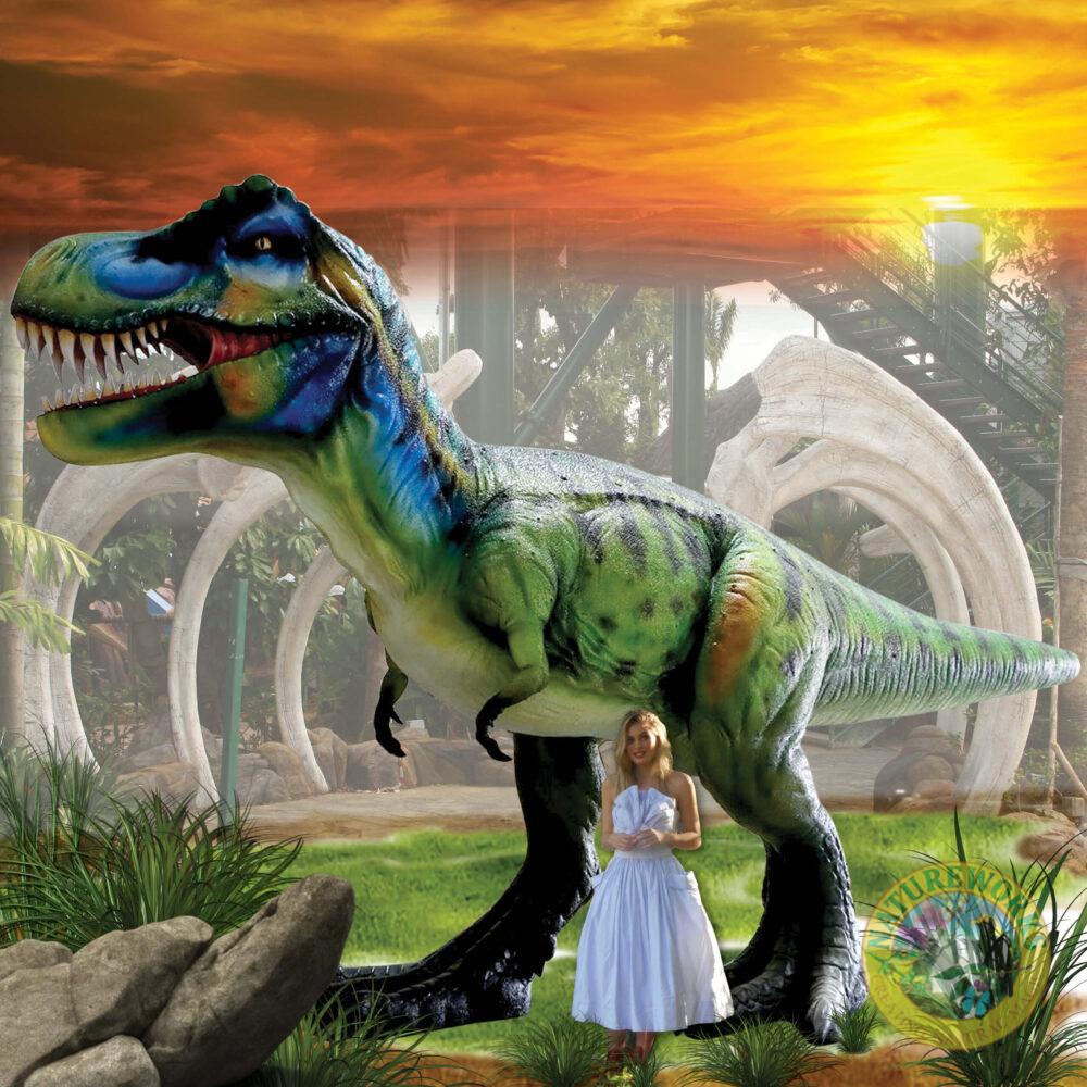 Natureworks Australia Tyrannosaurs Rex Sculpture - Giant 8.12m long x W2.6m wi x H 3.85m high - 640kg - SKU 230154- in mini-golf setting