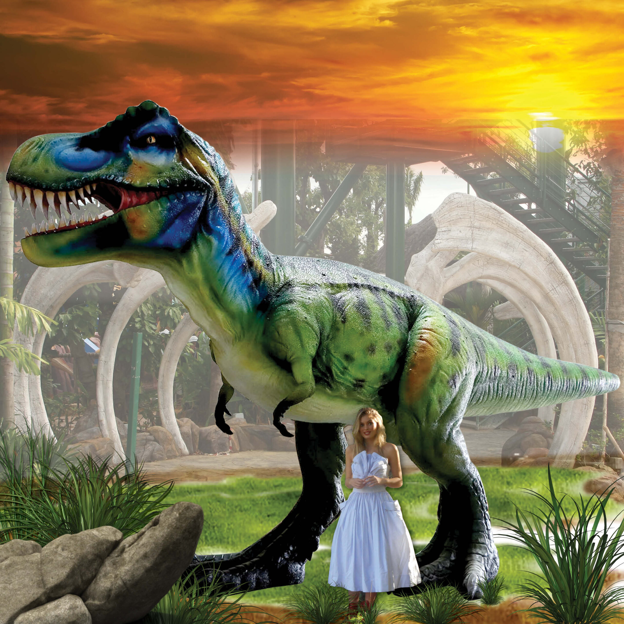 Natureworks Australia Tyrannosaurs Rex Sculpture - Giant 8.12m long x W2.6m wi x H 3.85m high - 640kg - SKU 230154- in mini-golf setting