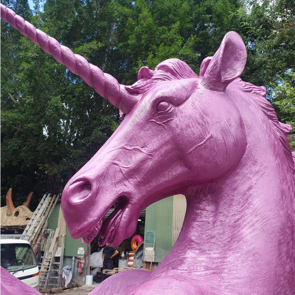Unicorn Rearing statue - full lifesize horse - painted in a Metallic pink. NW.140059UPink - Showing close up of head detail