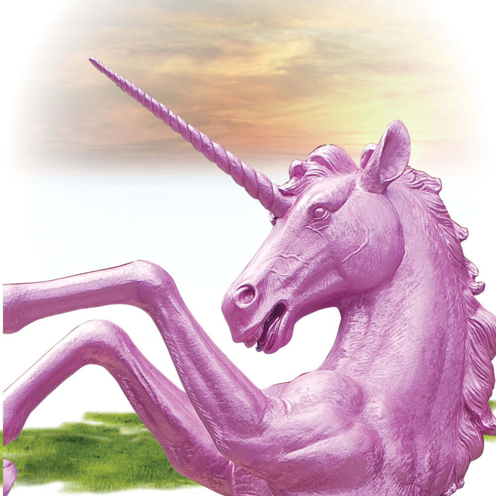 Unicorn Rearing statue - full lifesize horse - painted in a Metallic pink - showing close up of unicorn horn.NW.140059UPink