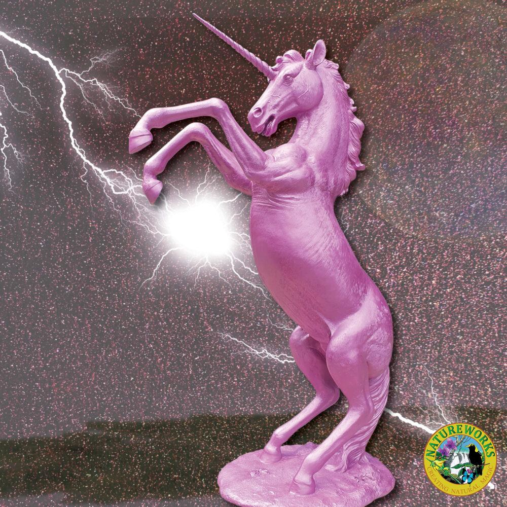 Unicorn Rearing statue - full lifesize horse - painted in a Metallic pink - shown with dramatic lightening strike- SKU NW.140059UPink