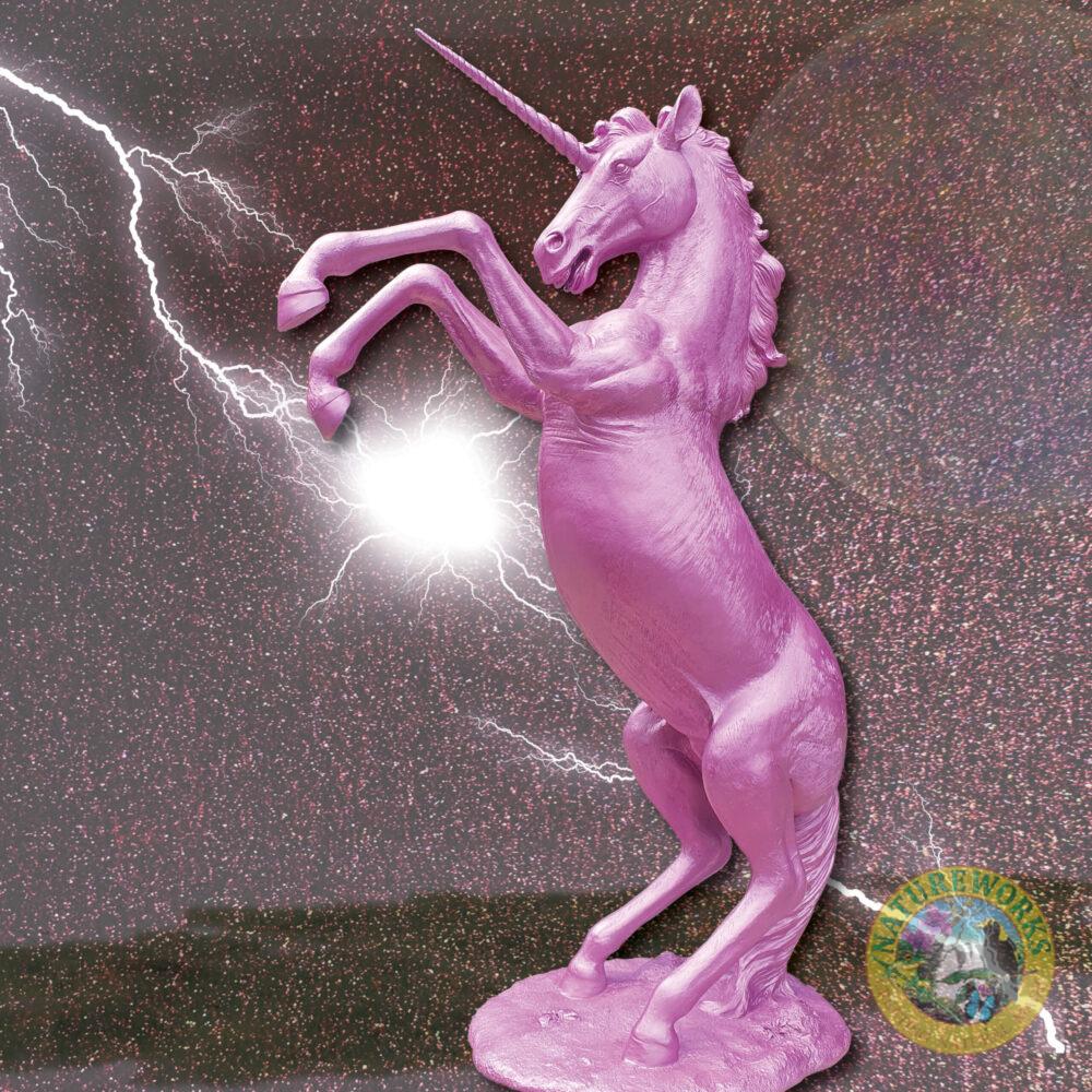 Unicorn Rearing statue - full lifesize horse - painted in a Metallic pink - shown with dramatic lightening strike- SKU NW.140059UPink
