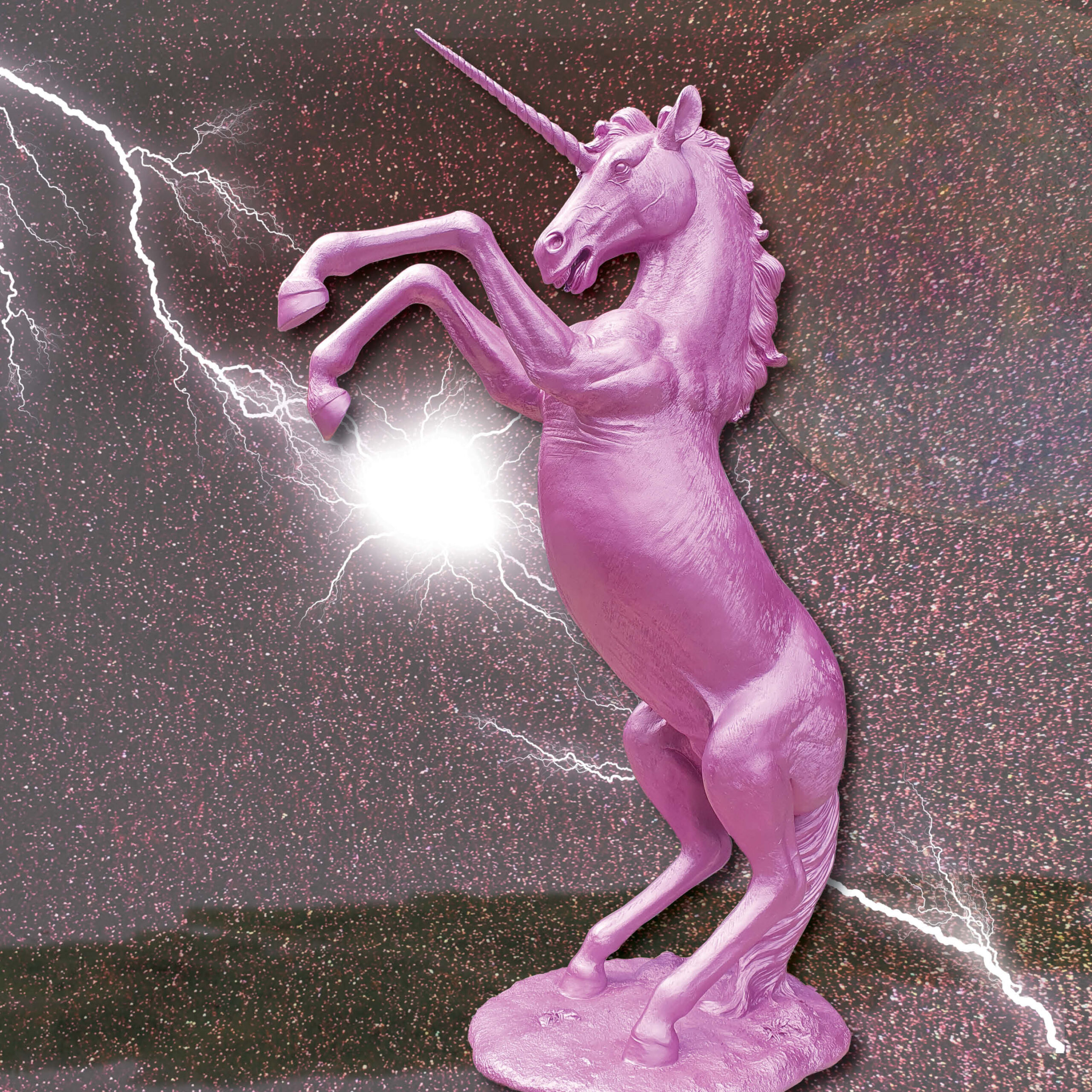 Natureworks Australia Unicorn Rearing statue - full lifesize horse - painted in a Metallic pink - shown with dramatic lightening strike- SKU NW.140059UPink