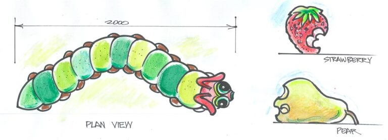 Sketch of caterpillar play sculpture and fruit seats
