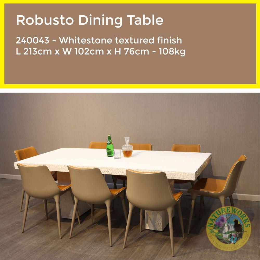 Natureworks Australia Robusto dining table - 240043- rectangular - finished in whitestone texture- shown with eight chairs around table