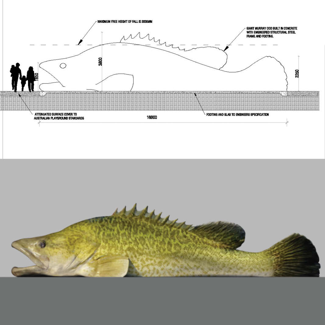 Natureworks Australia Natureworks coloured render of the Giant Murray Cod Sculpture - for Victorian Fisheries Authority - and the Overall size concept - Design, Fabrication and installation by Natureworks Team June 2024