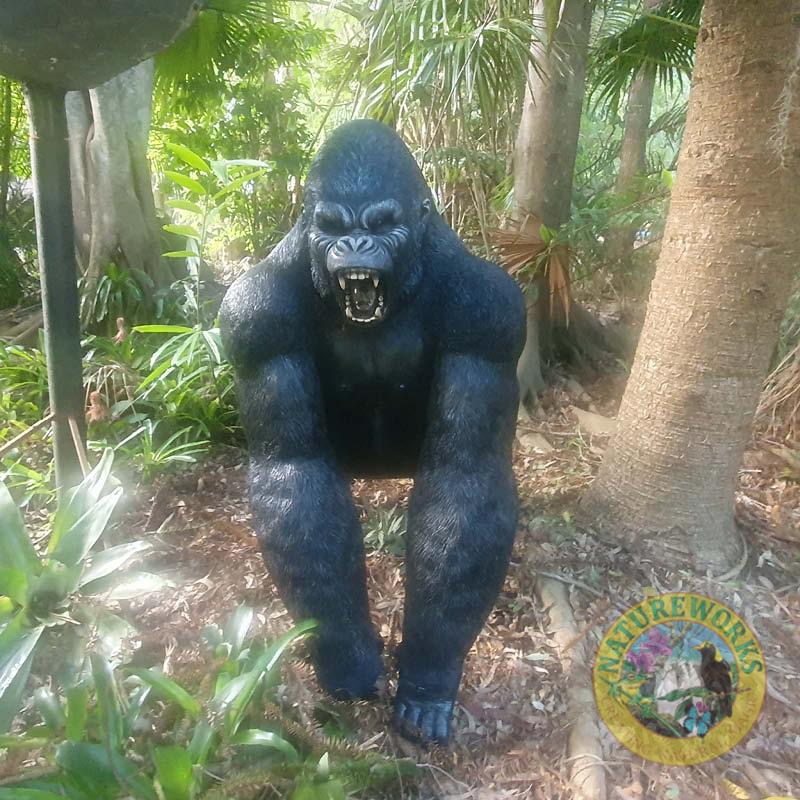 Natureworks Australia Silverback Male Gorilla lifelike statue of strength and beauty-shown in Natureworks garden-front view -240118
