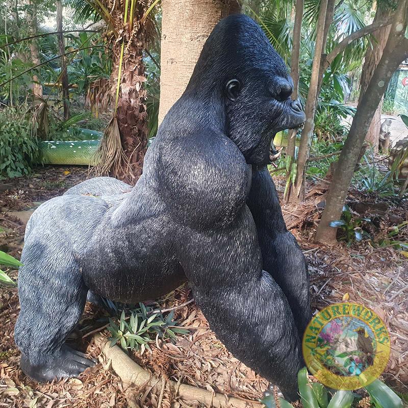 Natureworks Australia Silverback Male Gorilla lifelike statue of strength and beauty-shown in Natureworks garden-side view -240118