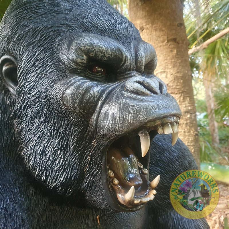 Natureworks Australia Silverback Male Gorilla lifelike statue of strength and beauty-shown in Natureworks garden-close up of head- -240118