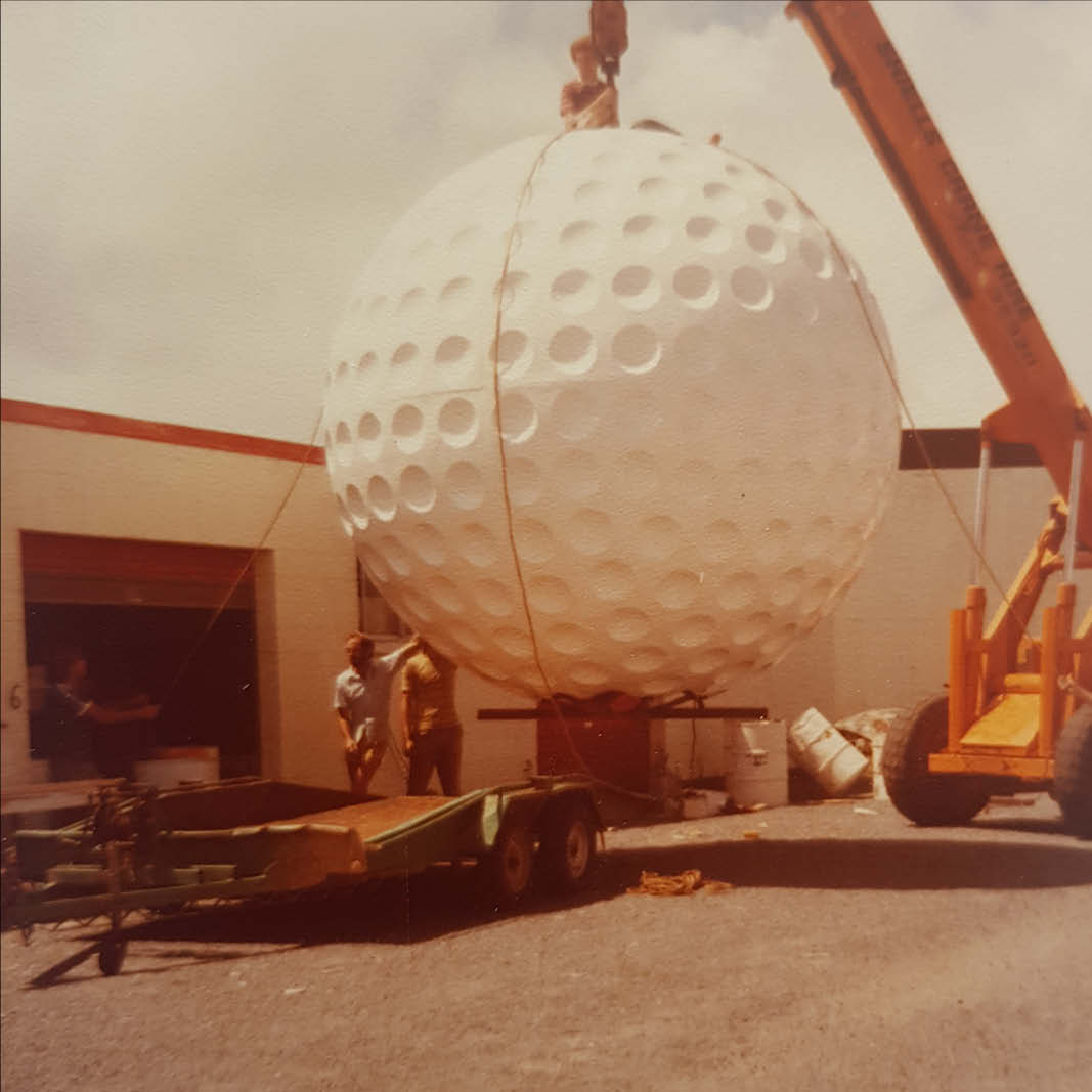 Natureworks Australia Natureworks Golf Ball - 1m diameter NW 2024Golfball - shown in production- showing giant golf ball on crane - optional size