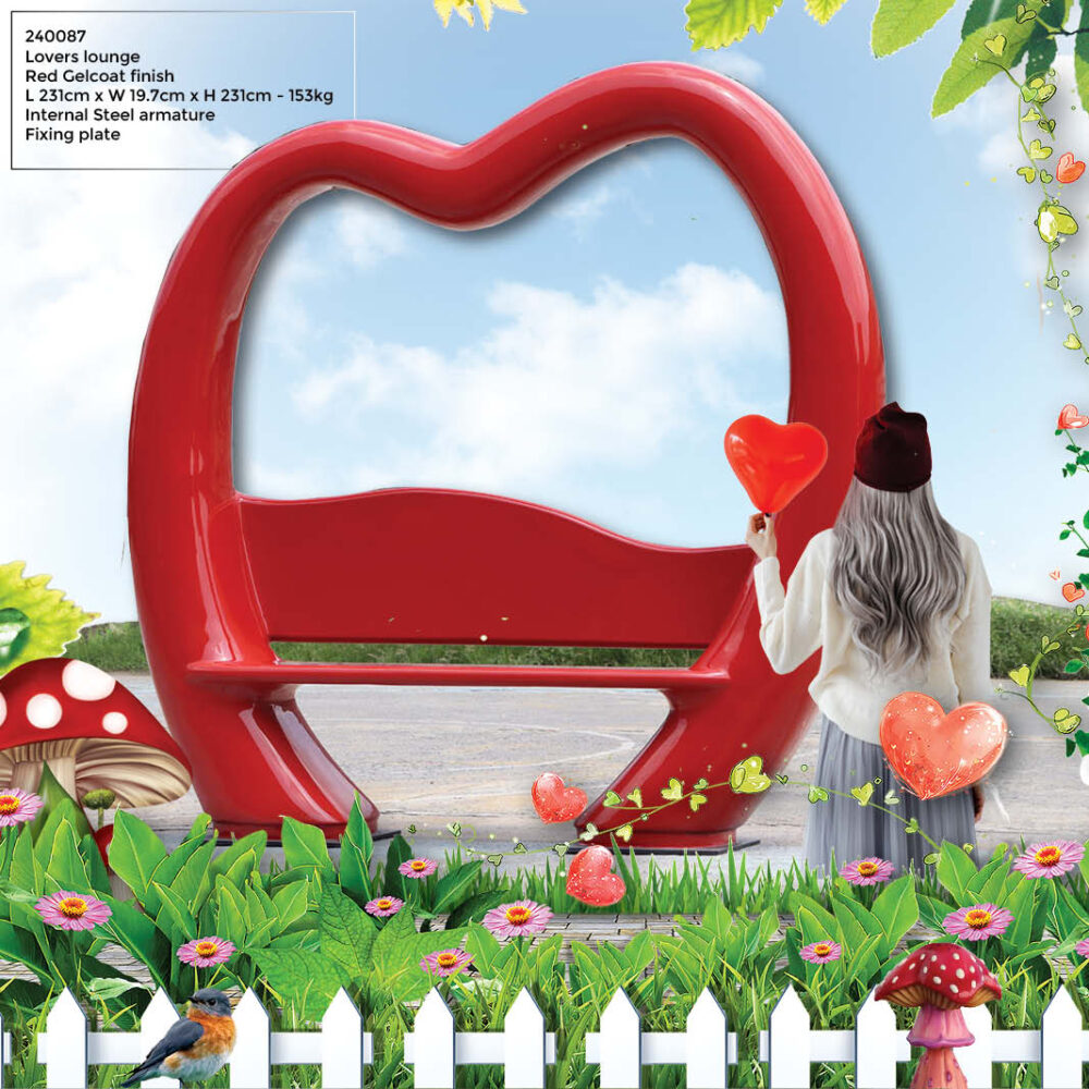 Lovers Lounge 240087 - love bench - sturdy construction - bright red colour for weddings and valentines displays- playgrounds, and public parks