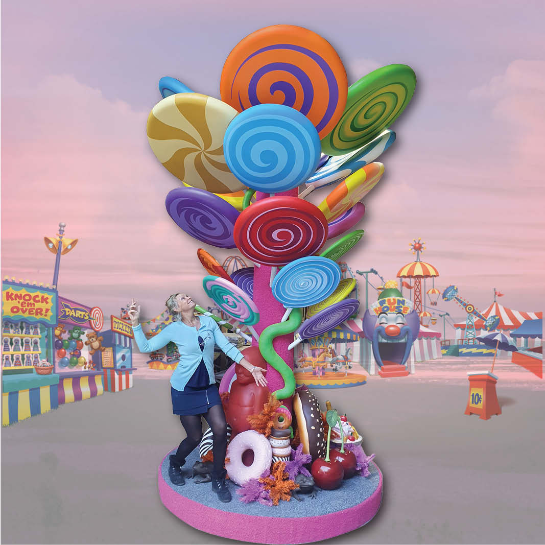 Natureworks Australia Lollipop Tree with vibrant coloured large lollipops collection - custom designed and made by Natureworks shown with fairground background