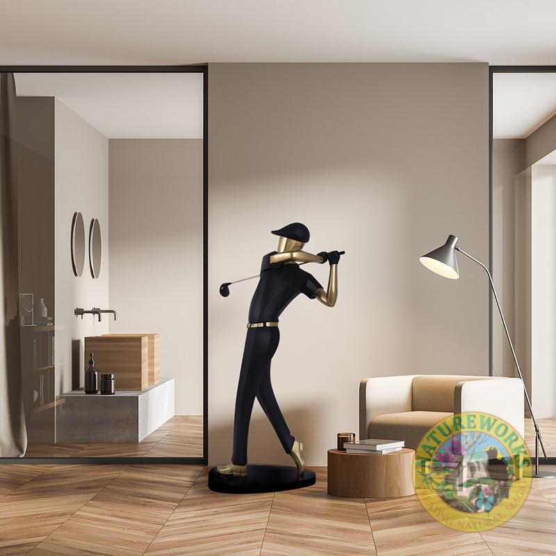 Natureworks Australia Natureworks golfer statue - 210055 matte black and gold colours on base plate - 163cm tall - shown in house setting