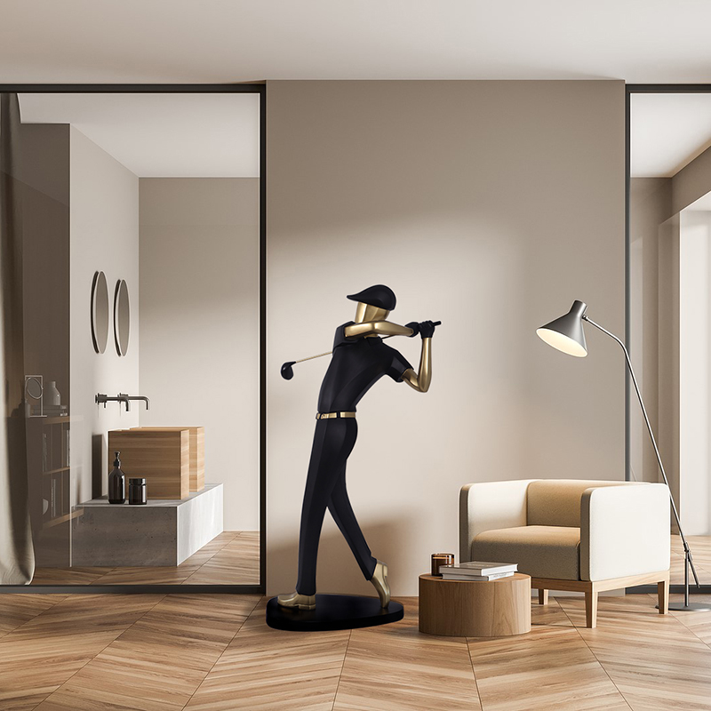 Natureworks Australia Natureworks golfer statue - 210055 matte black and gold colours on base plate - 163cm tall - shown in house setting