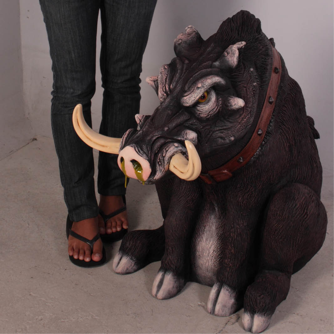 Natureworks Australia Fugly the guard hog esky with removeable lid/head showing height with lady standing next to fugly