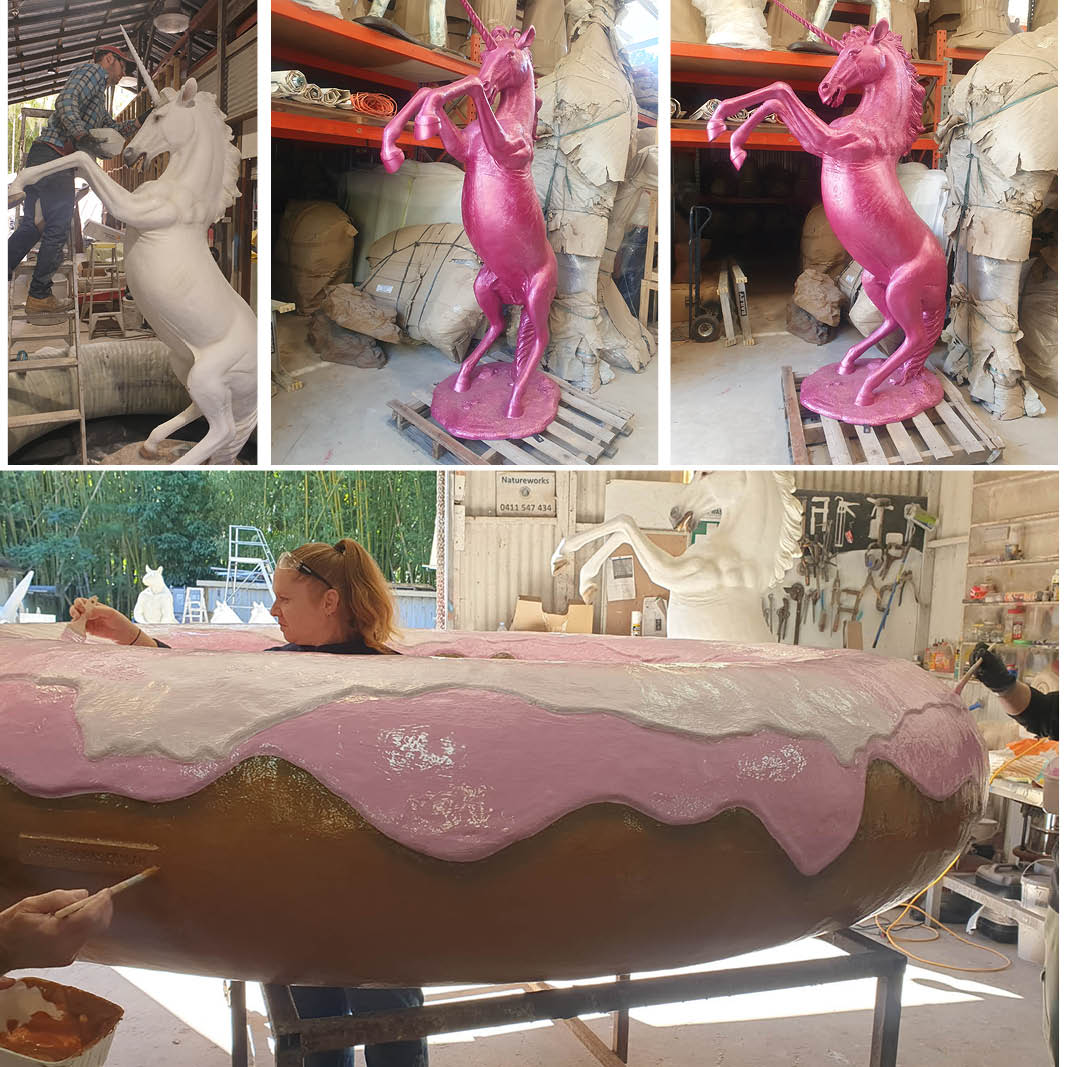 Natureworks Australia Giant Strawberry Donut - 3m diameter - Custom fabricated - showing metallic pink unicorn rearing - originally display shows the uncorn in the centre of the donut. - WoW!!
