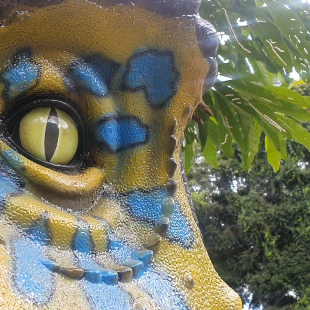 Natureworks Australia T-Rex Dinosaur Walking Large - 110073Green & Blue showing close up of eye