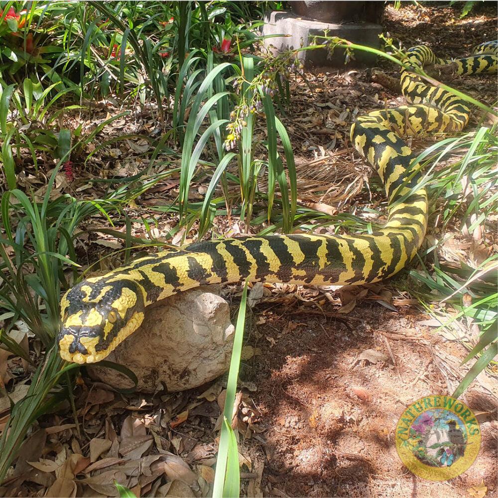 Jungle Python Snake - 6.4 metres long - black and yellow painted version. - Shown outside at Natureworks - angle view