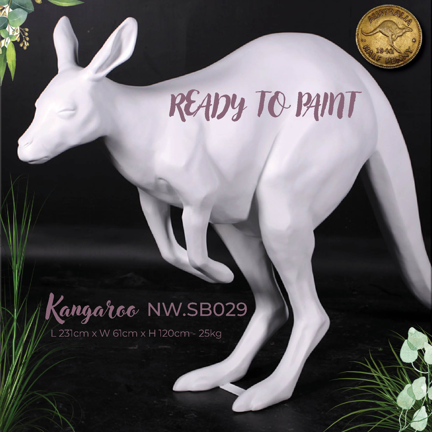Natureworks Australia Kangaroo statue - White - ready to paint -with size -angle view NW.SB029- V5