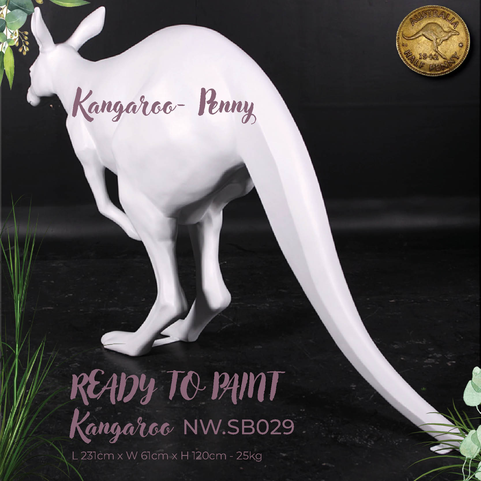 Natureworks Australia Kangaroo statue - White - ready to paint -with size -rear angle view NW.SB029