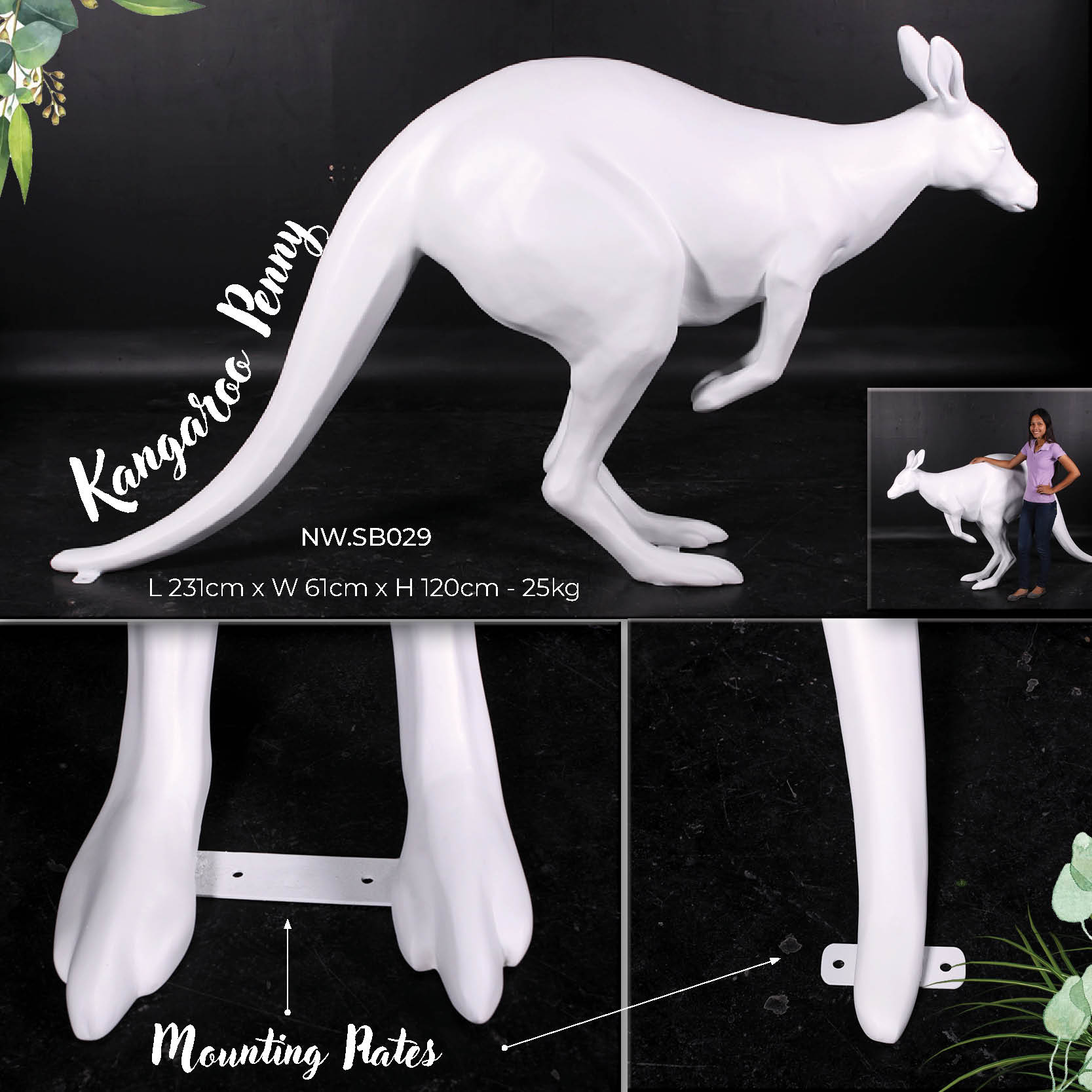 Natureworks Australia Kangaroo statue - White - ready to paint -with size showing mounting plates- NW.SB029