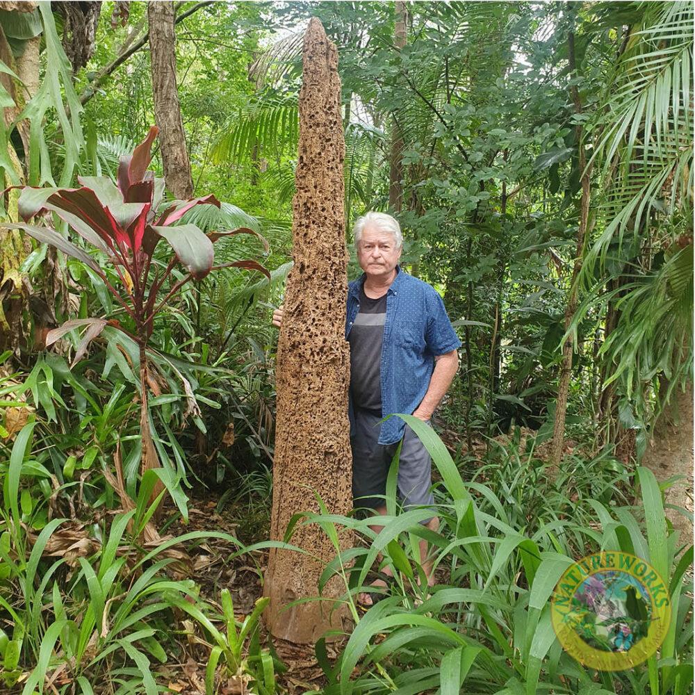 Timber wharf pylon - custom fabricated organic sculpture moulded from original authentic shipworm eroded details - shown outside with David Joffe at Natureworks