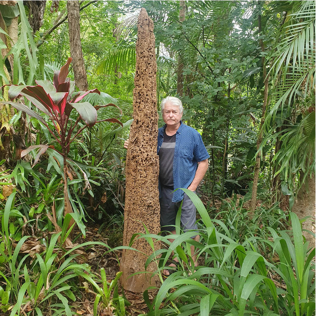 Natureworks Australia Timber wharf pylon - custom fabricated organic sculpture moulded from original authentic shipworm eroded details - shown outside with David Joffe at Natureworks