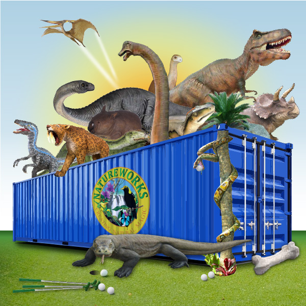 Shipping container with sculptures of dinosaurs, megafauna and other prehistoric mini golf props