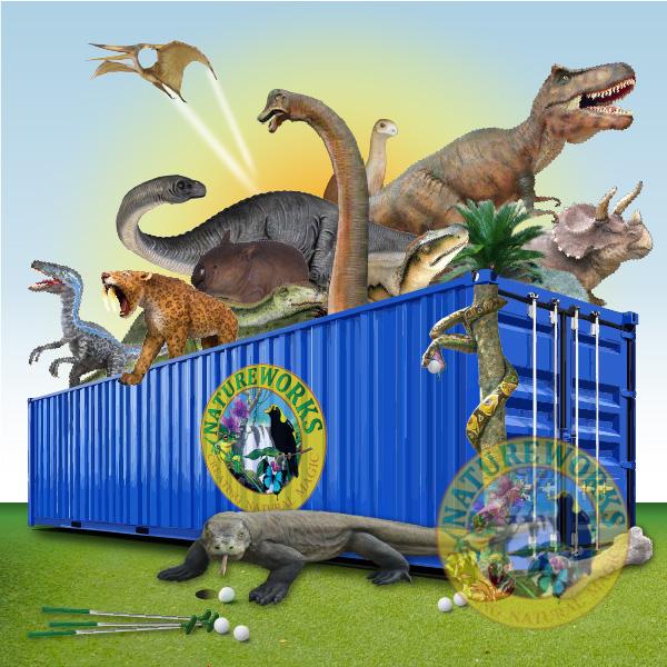 Natureworks Australia Shipping container with sculptures of dinosaurs, megafauna and other prehistoric mini golf props