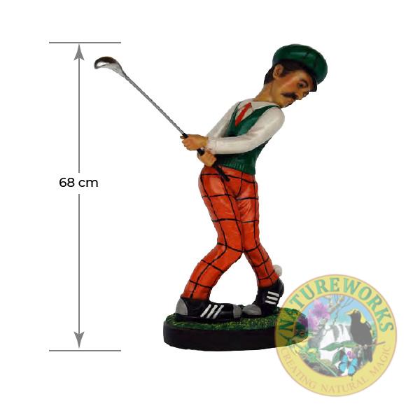 Natureworks Australia Y.2817: Funny Golfer, with green vest and orange pants, on a base plate, 68cm high, weight 5kg