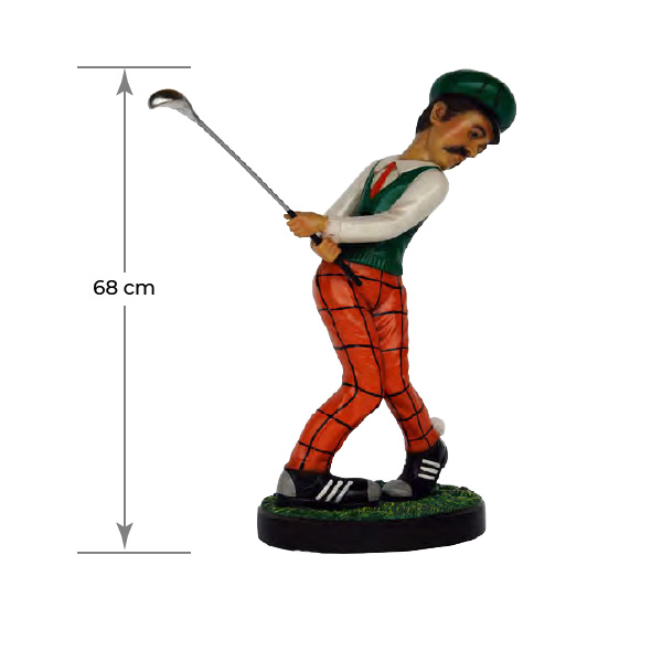Natureworks Australia Y.2817: Funny Golfer, with green vest and orange pants, on a base plate, 68cm high, weight 5kg