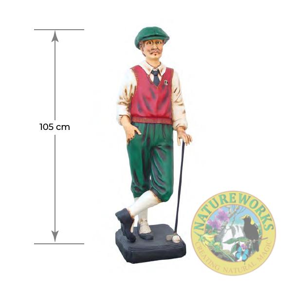 Natureworks Australia y.316: Statue of Golfer – Old Man, with red jacket and grey checked pants, on a base plate, 105cm high, weight 6kg
