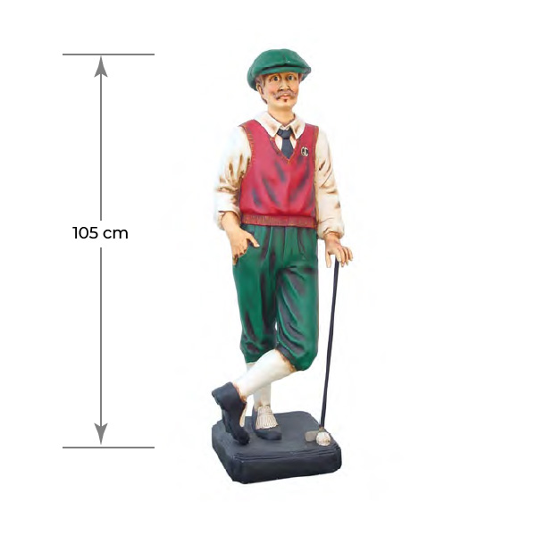 Natureworks Australia y.316: Statue of Golfer – Old Man, with red jacket and grey checked pants, on a base plate, 105cm high, weight 6kg