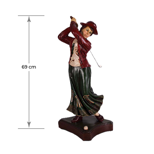 Natureworks Australia Woman golfer statue with maroon jacket and green skirt, on base plate, height 69cm, weight 5kg