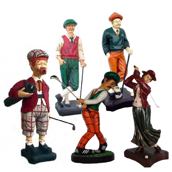 Humorous statues of golfers smaller than life size