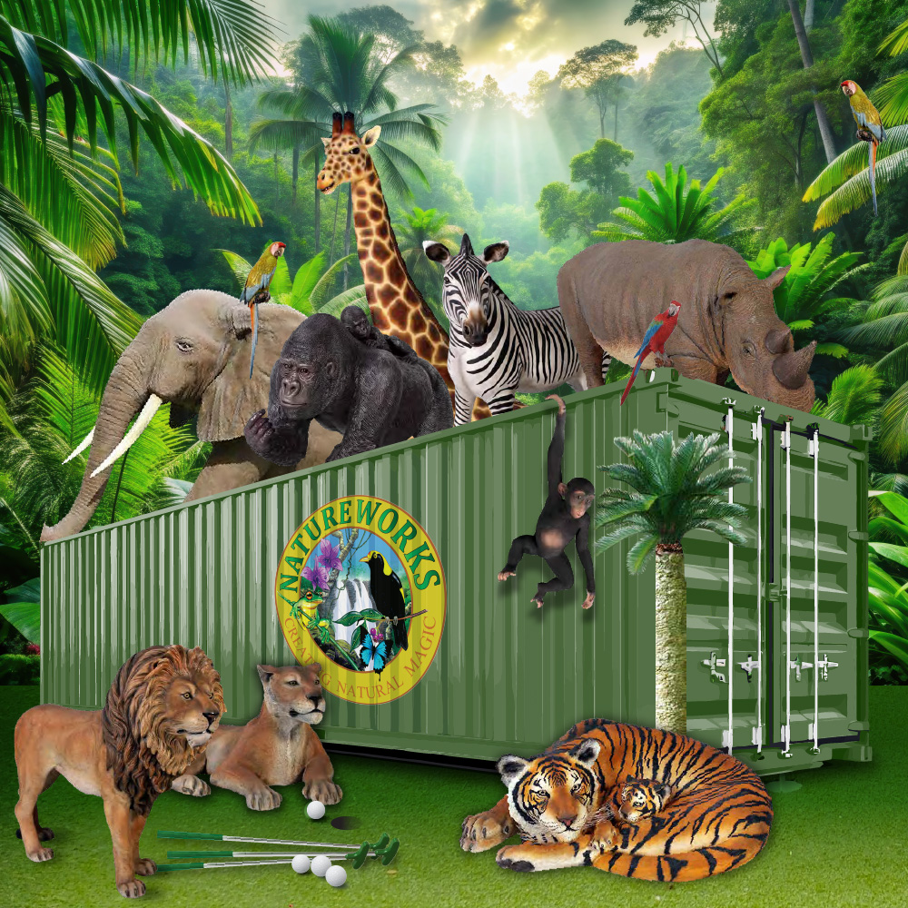 Jungle and safari animals and props for jungle themed minigolf - elephant, gorilla, lions, giraffe, zebra, rhino, tiger, chimp, tropical birds